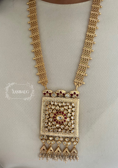 Raavya Polki Studded Rich Gold Finish White And Red Enamel Work Long Heritage Necklace Set By Ranibaug