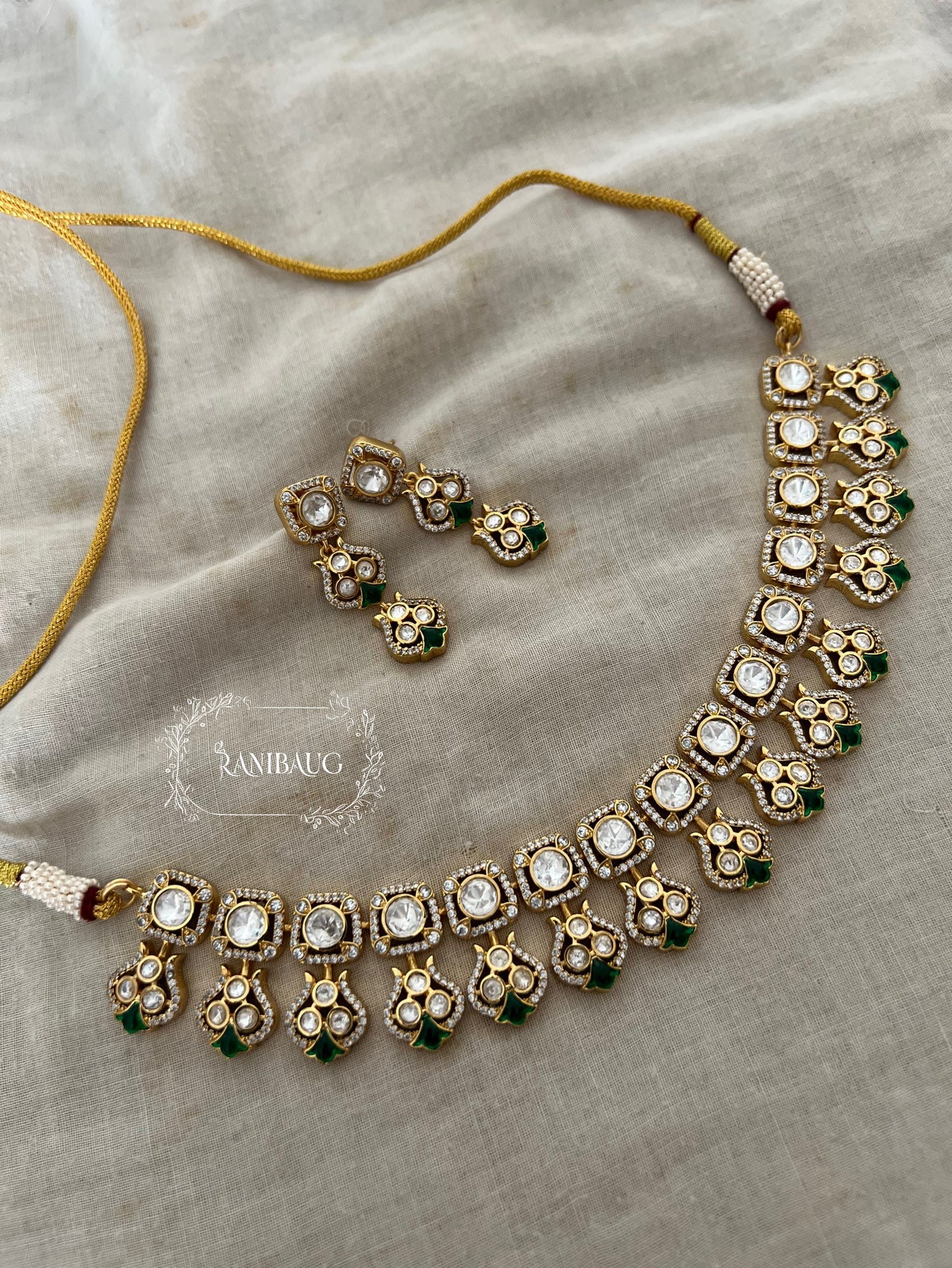 Raavya Royal Gold Finish Polki Necklace Set By Ranibaug