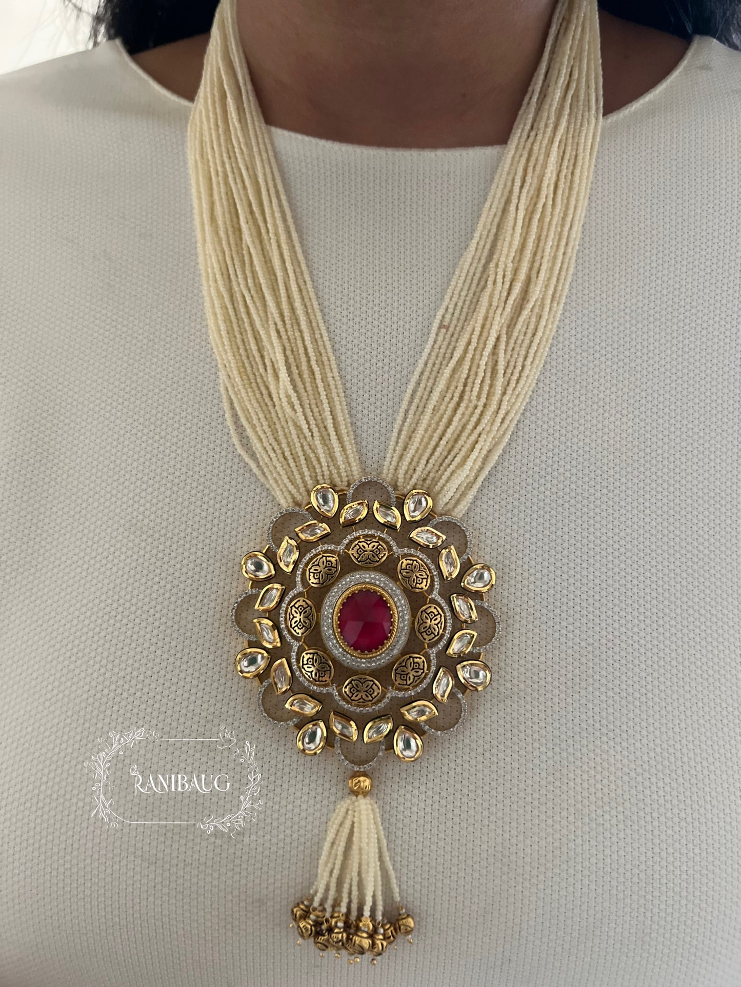 Rahira Antique Gold Tone Pearl Tassel Polki Studded Long Indian Traditional Necklace Set By Ranibaug