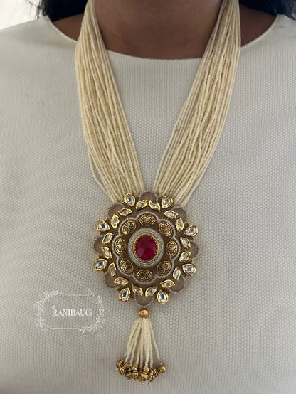 Rahira Antique Gold Tone Pearl Tassel Polki Studded Long Indian Traditional Necklace Set By Ranibaug