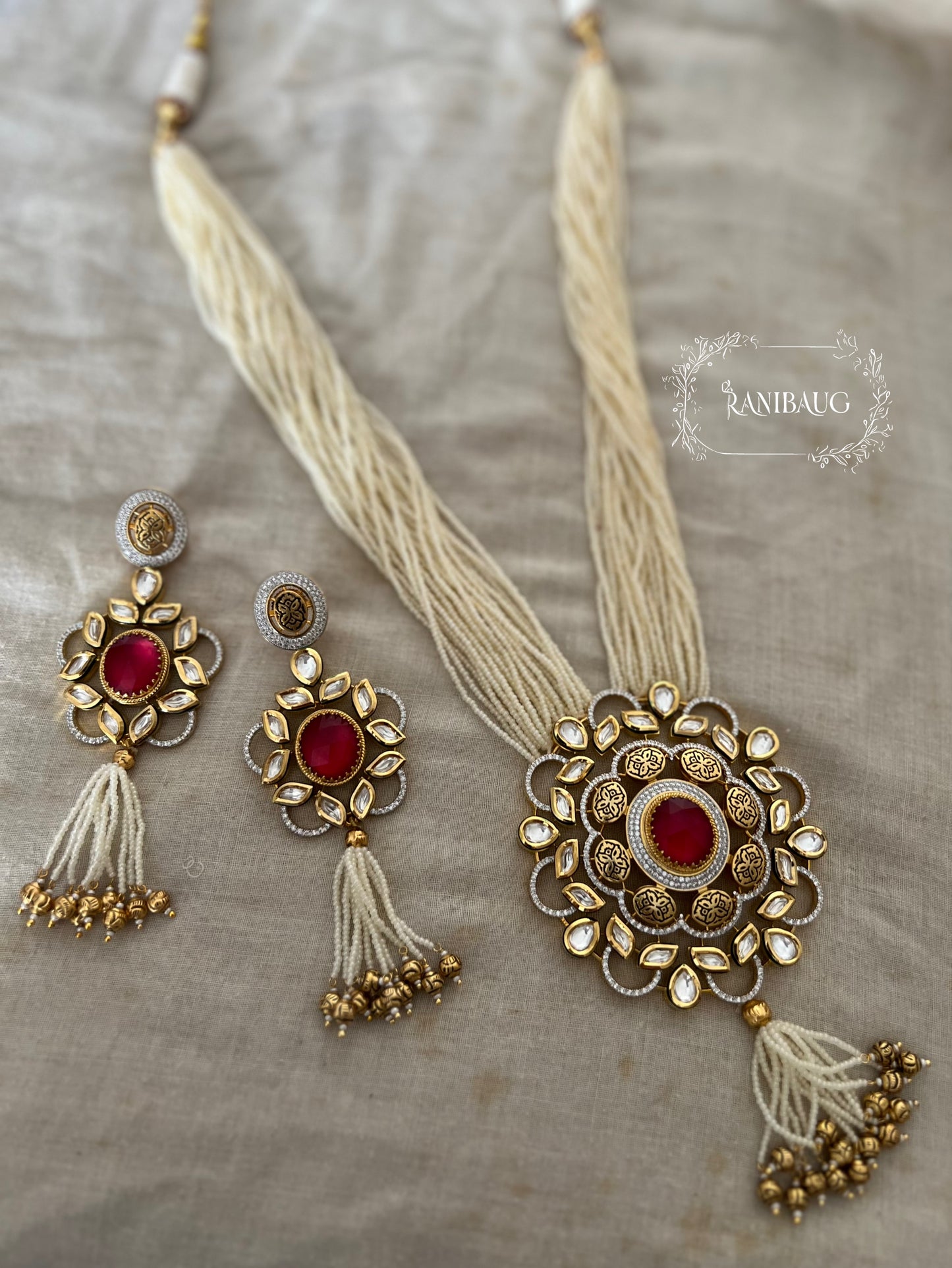Rahira Antique Gold Tone Pearl Tassel Polki Studded Long Indian Traditional Necklace Set By Ranibaug