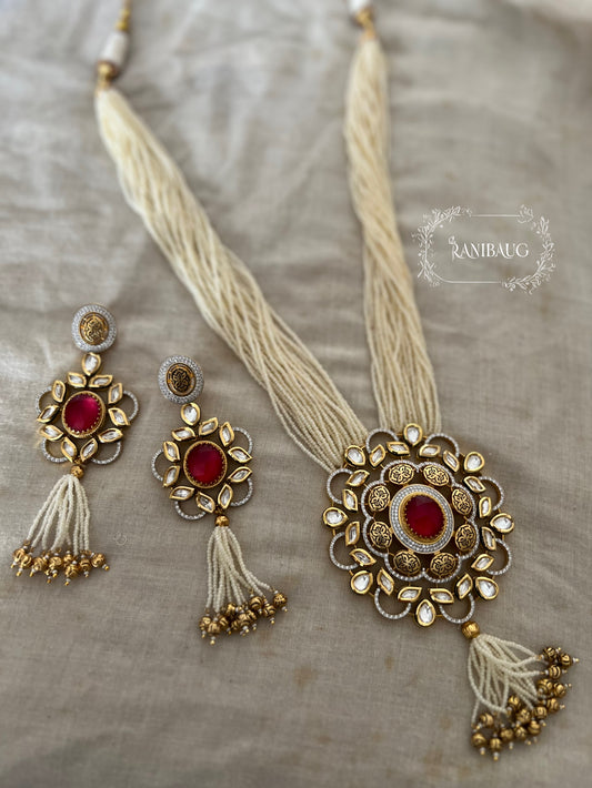Rahira Antique Gold Tone Pearl Tassel Polki Studded Long Indian Traditional Necklace Set By Ranibaug