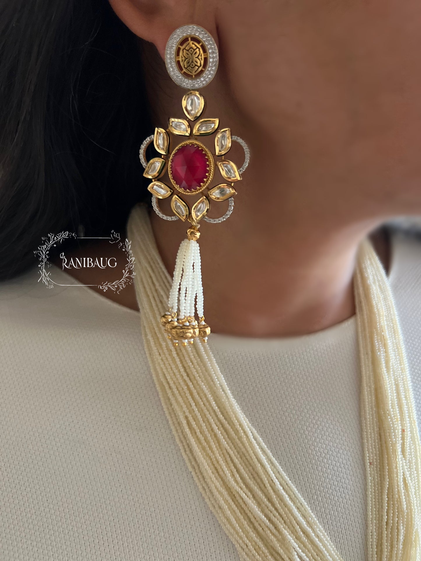 Rahira Antique Gold Tone Pearl Tassel Polki Studded Long Indian Traditional Necklace Set By Ranibaug