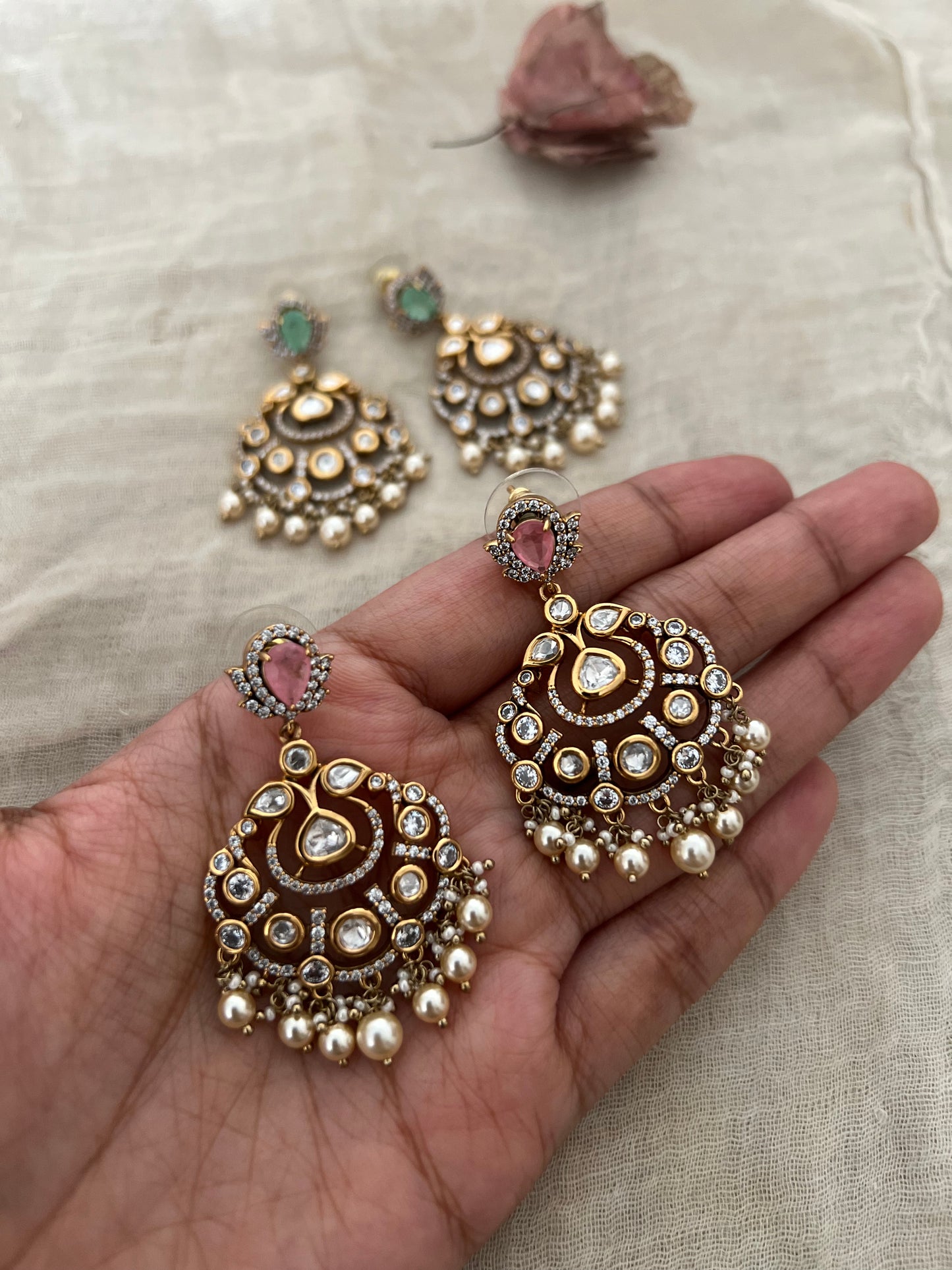 Rajasi Antique Gold Plated Polki Diamond Earrings by Ranibaug
