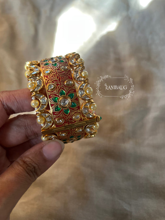 Rajasi Meenakari Gold Enamel Floral Vines Polki Studded Bangle For Festive Occasions By Ranibaug