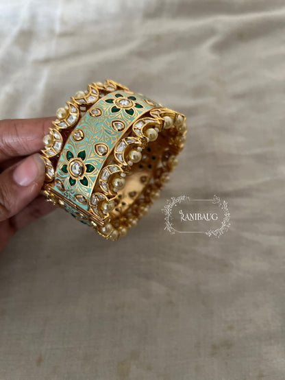 Rajasi Meenakari Gold Enamel Floral Vines Polki Studded Bangle For Festive Occasions By Ranibaug