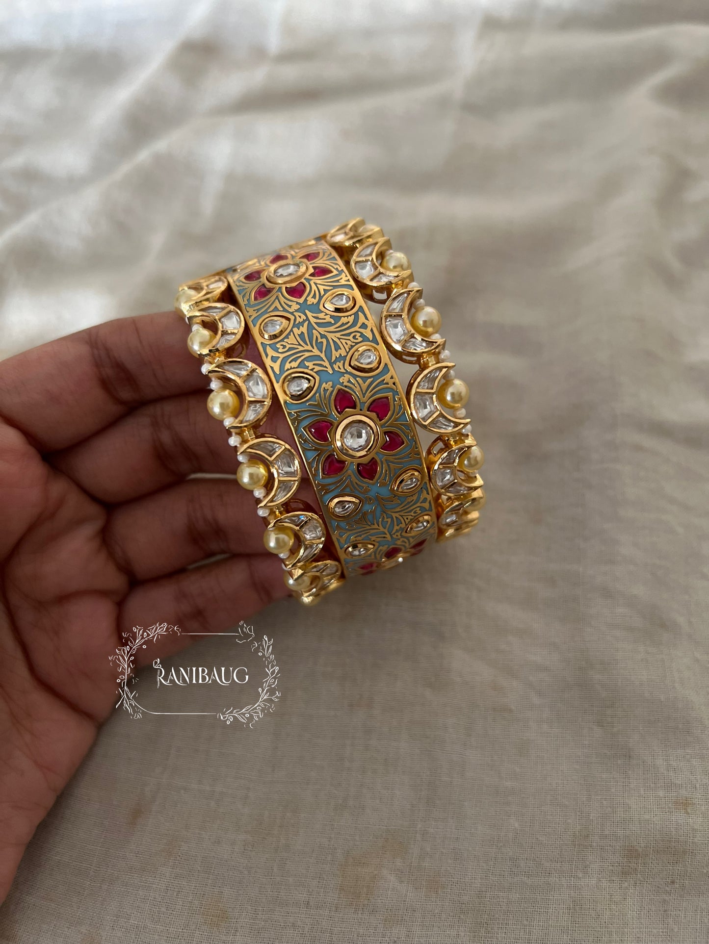 Rajasi Meenakari Gold Enamel Floral Vines Polki Studded Bangle For Festive Occasions By Ranibaug