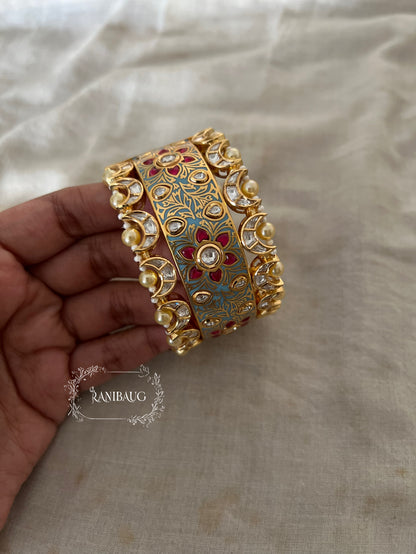 Rajasi Meenakari Gold Enamel Floral Vines Polki Studded Bangle For Festive Occasions By Ranibaug