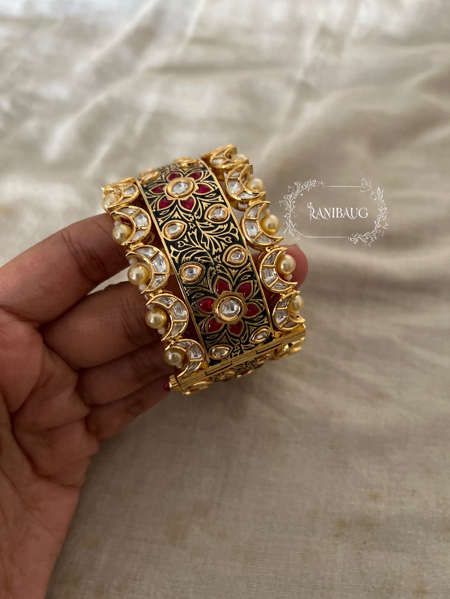 Rajasi Meenakari Gold Enamel Floral Vines Polki Studded Bangle For Festive Occasions By Ranibaug