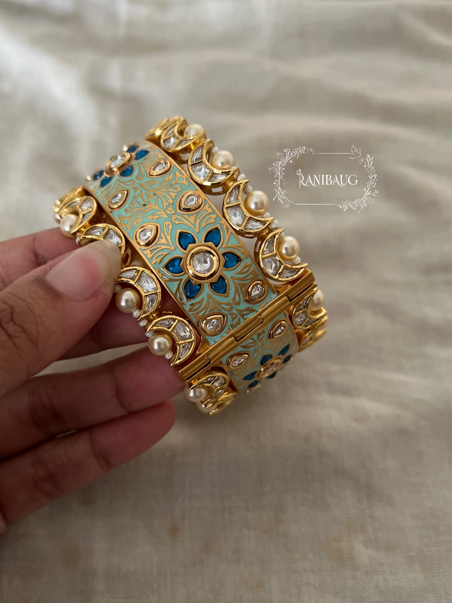 Rajasi Meenakari Gold Enamel Floral Vines Polki Studded Bangle For Festive Occasions By Ranibaug