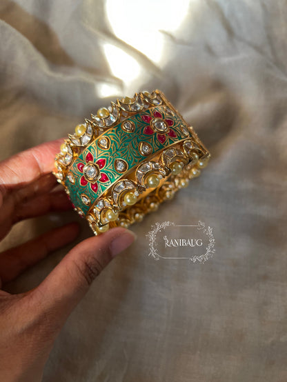 Rajasi Meenakari Gold Enamel Floral Vines Polki Studded Bangle For Festive Occasions By Ranibaug