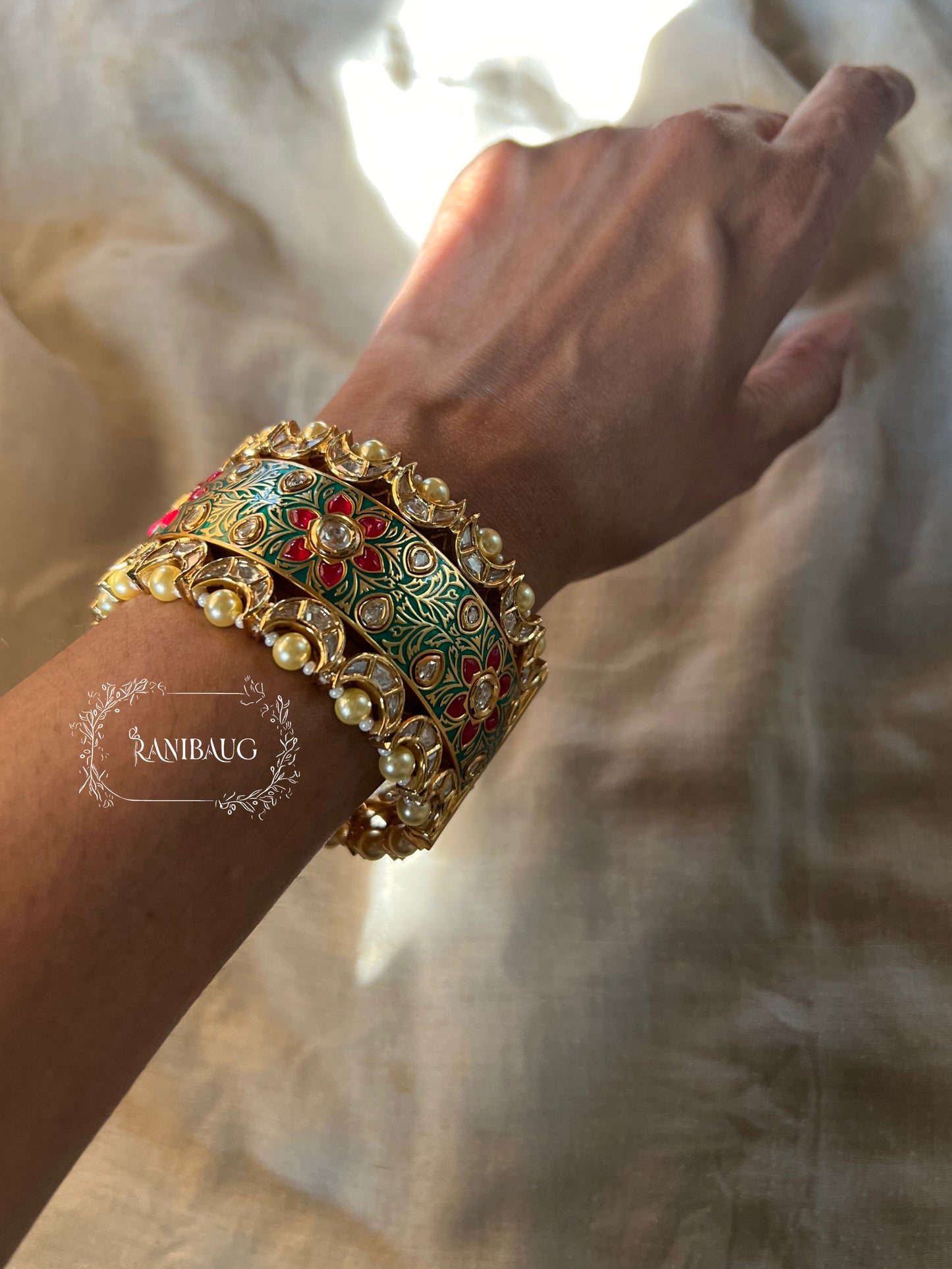 Rajasi Meenakari Gold Enamel Floral Vines Polki Studded Bangle For Festive Occasions By Ranibaug