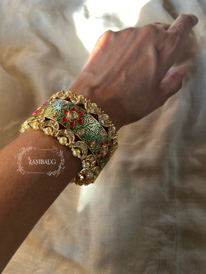Rajasi Meenakari Gold Enamel Floral Vines Polki Studded Bangle For Festive Occasions By Ranibaug