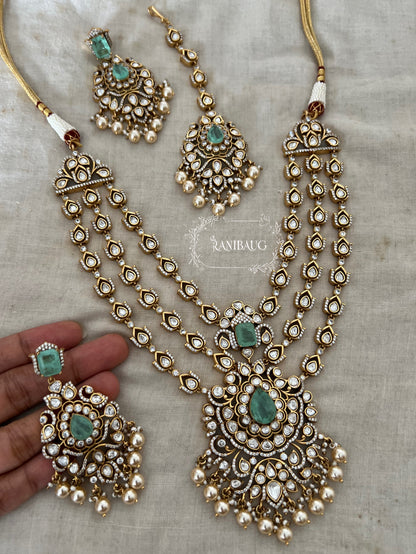 Rajeshwari Cascade Layered Gold Finish Polki Pearl Adorned Haar With Maang Tikka Necklace Set By Ranibaug