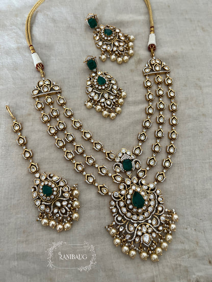 Rajeshwari Cascade Layered Gold Finish Polki Pearl Adorned Haar With Maang Tikka Necklace Set By Ranibaug
