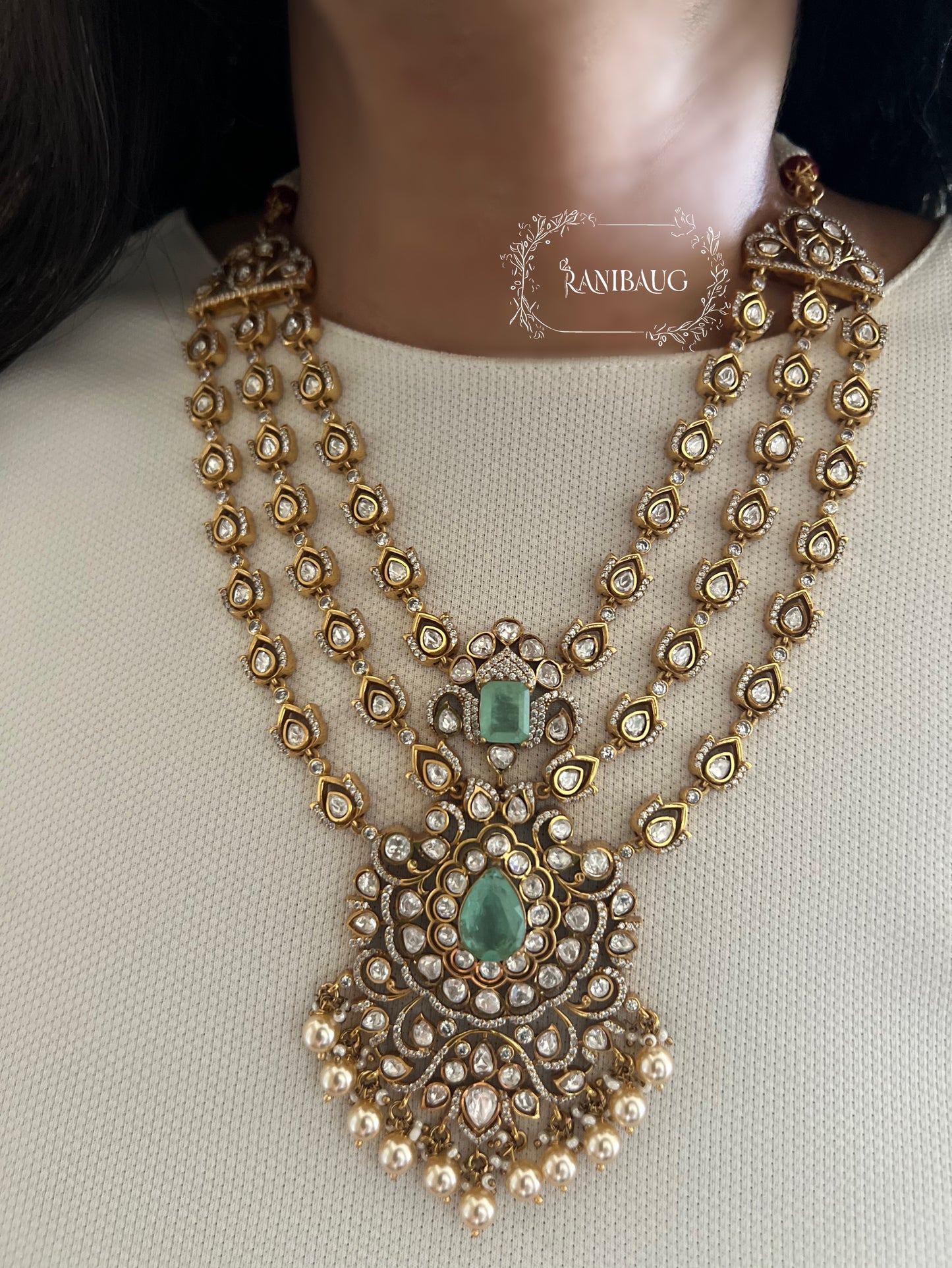 Rajeshwari Cascade Layered Gold Finish Polki Pearl Adorned Haar With Maang Tikka Necklace Set By Ranibaug