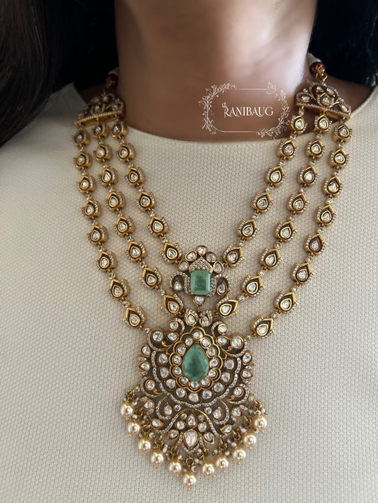 Rajeshwari Cascade Layered Gold Finish Polki Pearl Adorned Haar With Maang Tikka Necklace Set By Ranibaug