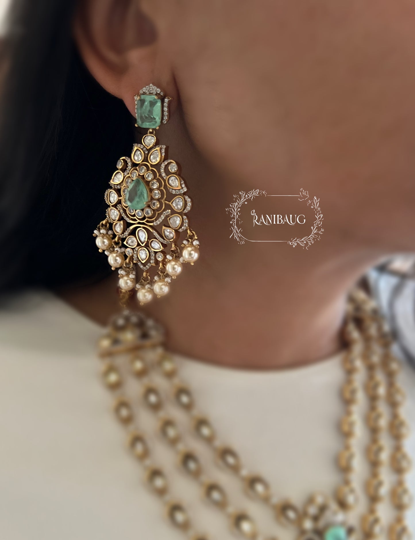 Rajeshwari Cascade Layered Gold Finish Polki Pearl Adorned Haar With Maang Tikka Necklace Set By Ranibaug