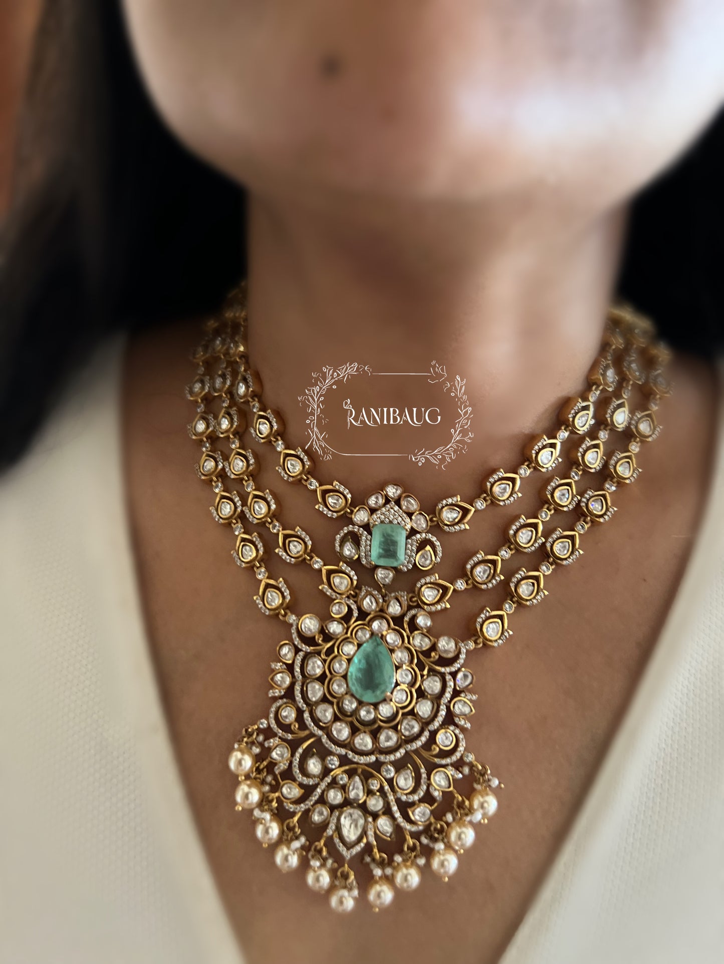 Rajeshwari Cascade Layered Gold Finish Polki Pearl Adorned Haar With Maang Tikka Necklace Set By Ranibaug