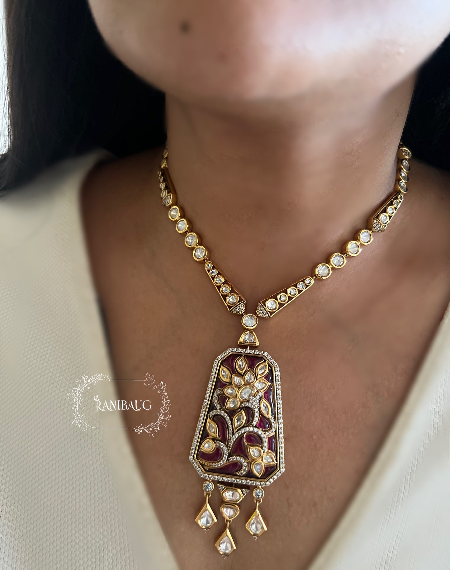 Rajeshwari Polki Kundan Gold Finish Necklace Set By Ranibaug Floral Meenakari | 2025 2026