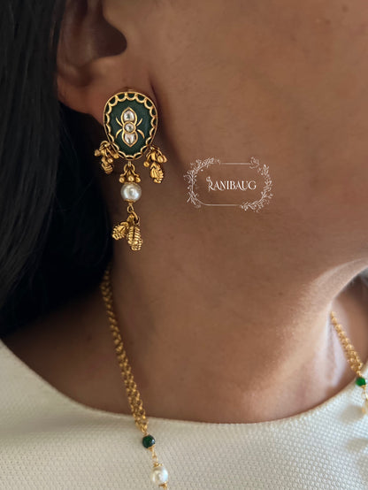 Raji Green Polki Studded Premium Gold Finish Heritage Necklace Set By Ranibaug
