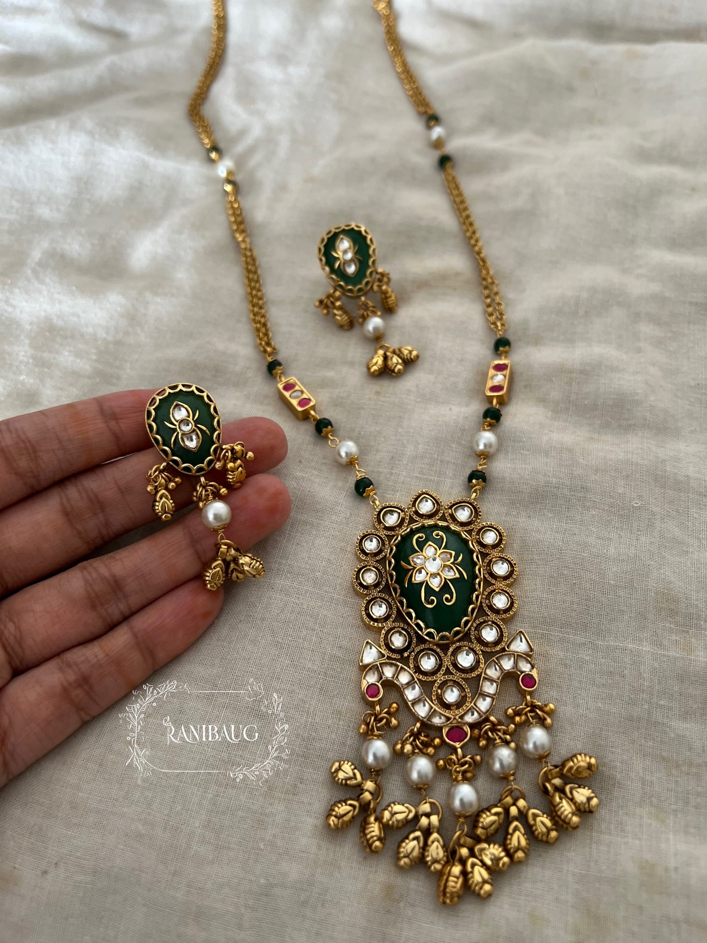 Raji Green Polki Studded Premium Gold Finish Heritage Necklace Set By Ranibaug