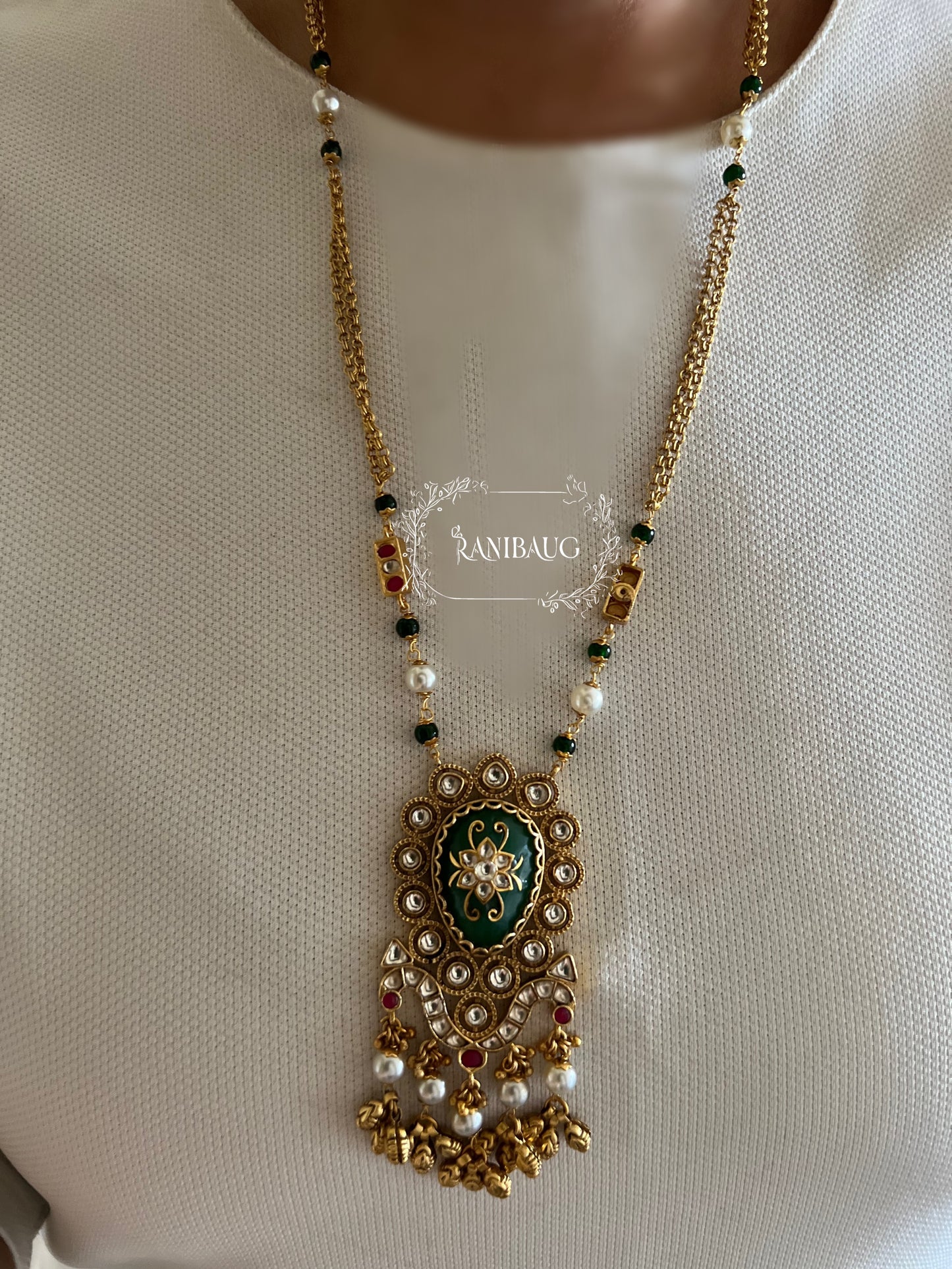 Raji Green Polki Studded Premium Gold Finish Heritage Necklace Set By Ranibaug