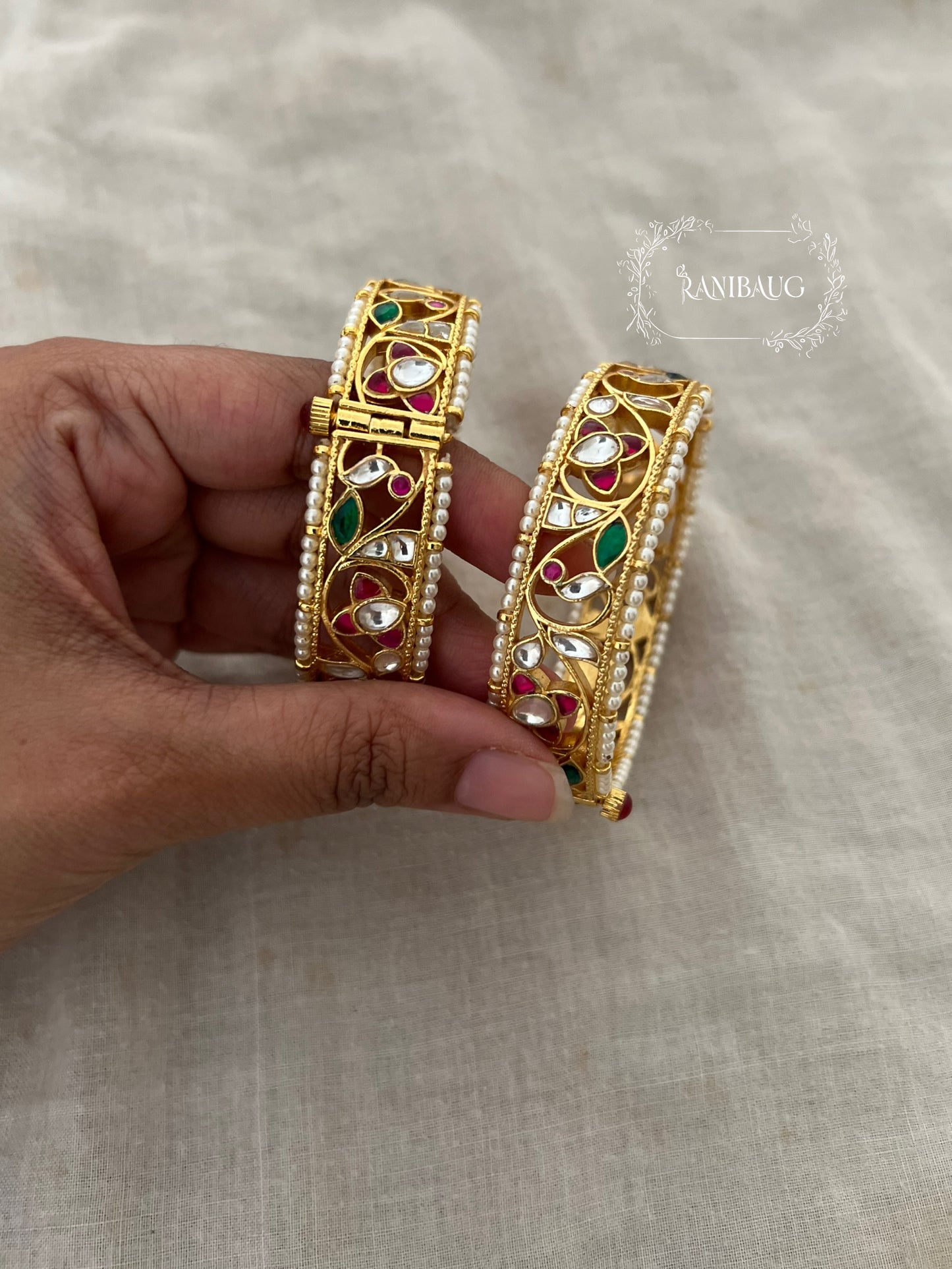 Raji Traditional Gold Finish Floral Vine Kundan Studded Heritage With Tiny Pearls Outlining By Ranibaug