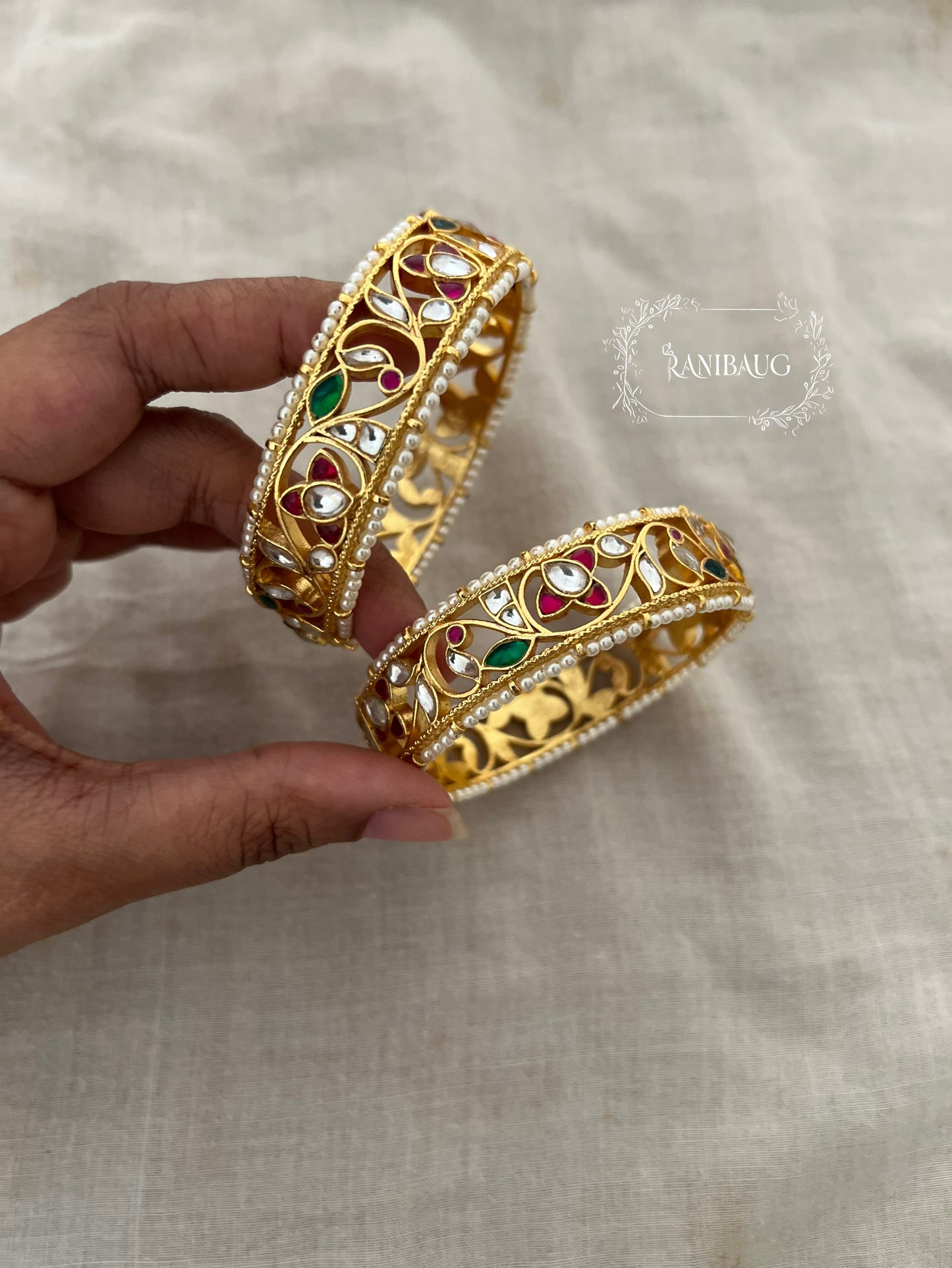 Raji Traditional Gold Finish Floral Vine Kundan Studded Heritage With Tiny Pearls Outlining By Ranibaug