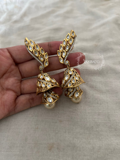 Rajkumari Royal Polki Ear Cuff Earrings With Dangling Two Layered Jhumkis And Oversized Pearl Kaanphool By Ranibaug | Earrings For 2026 Weddings