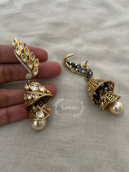 Rajkumari Royal Polki Ear Cuff Earrings With Dangling Two Layered Jhumkis And Oversized Pearl Kaanphool By Ranibaug | Earrings For 2026 Weddings