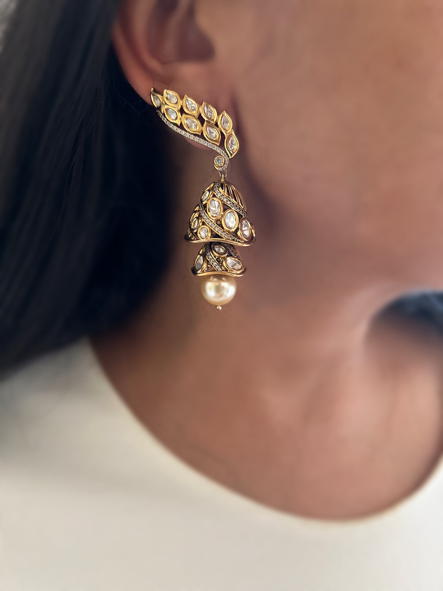 Rajkumari Royal Polki Ear Cuff Earrings With Dangling Two Layered Jhumkis And Oversized Pearl Kaanphool By Ranibaug | Earrings For 2026 Weddings