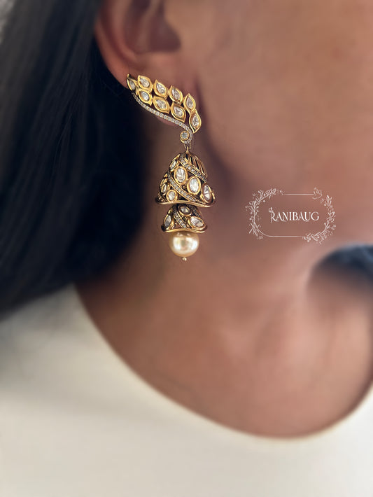 Rajkumari Royal Polki Ear Cuff Earrings With Dangling Two Layered Jhumkis And Oversized Pearl Kaanphool By Ranibaug | Earrings For 2026 Weddings