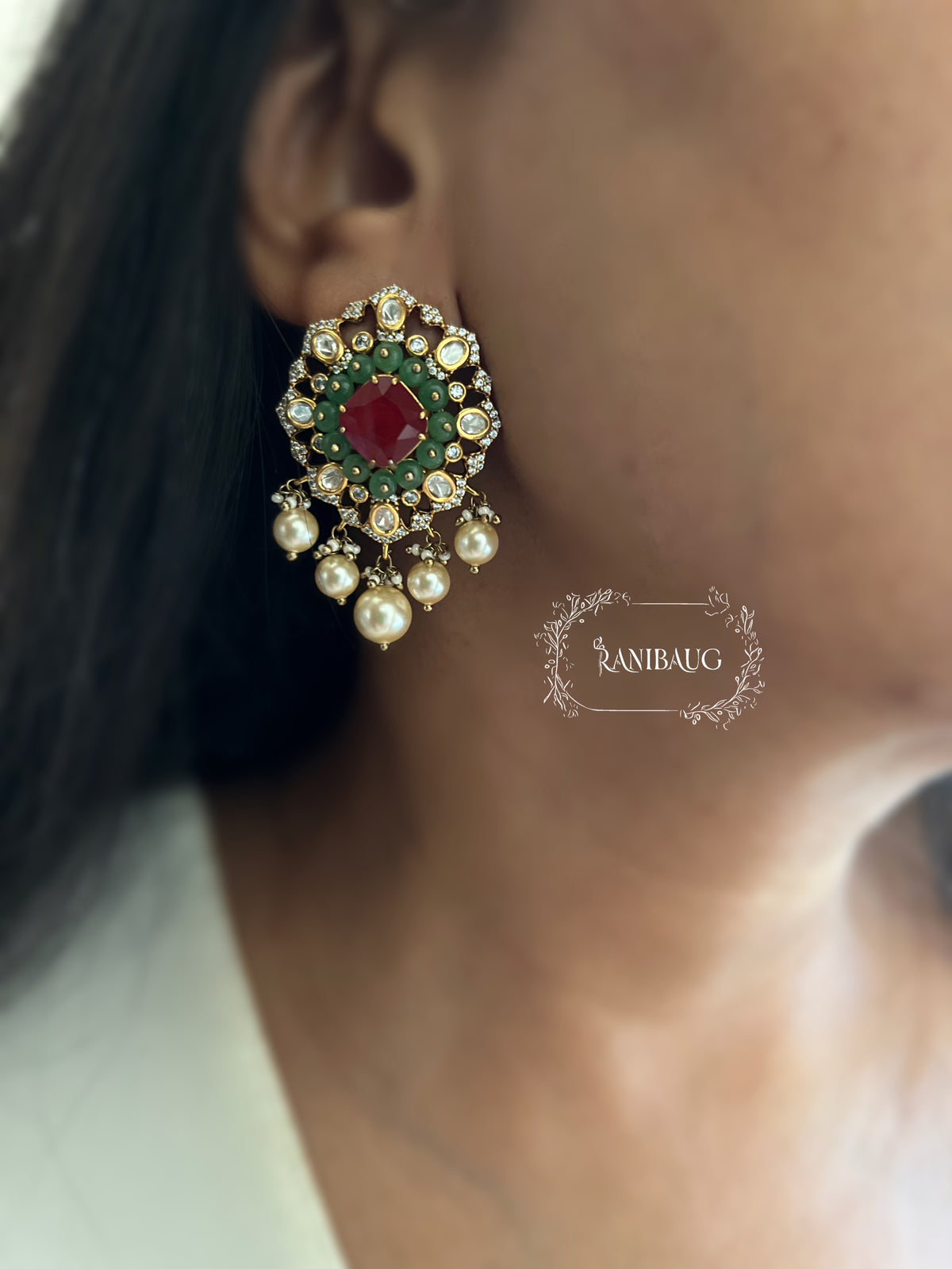Rajnandini Polki Pearl Traditional Festive Ear Studs By Ranibaug