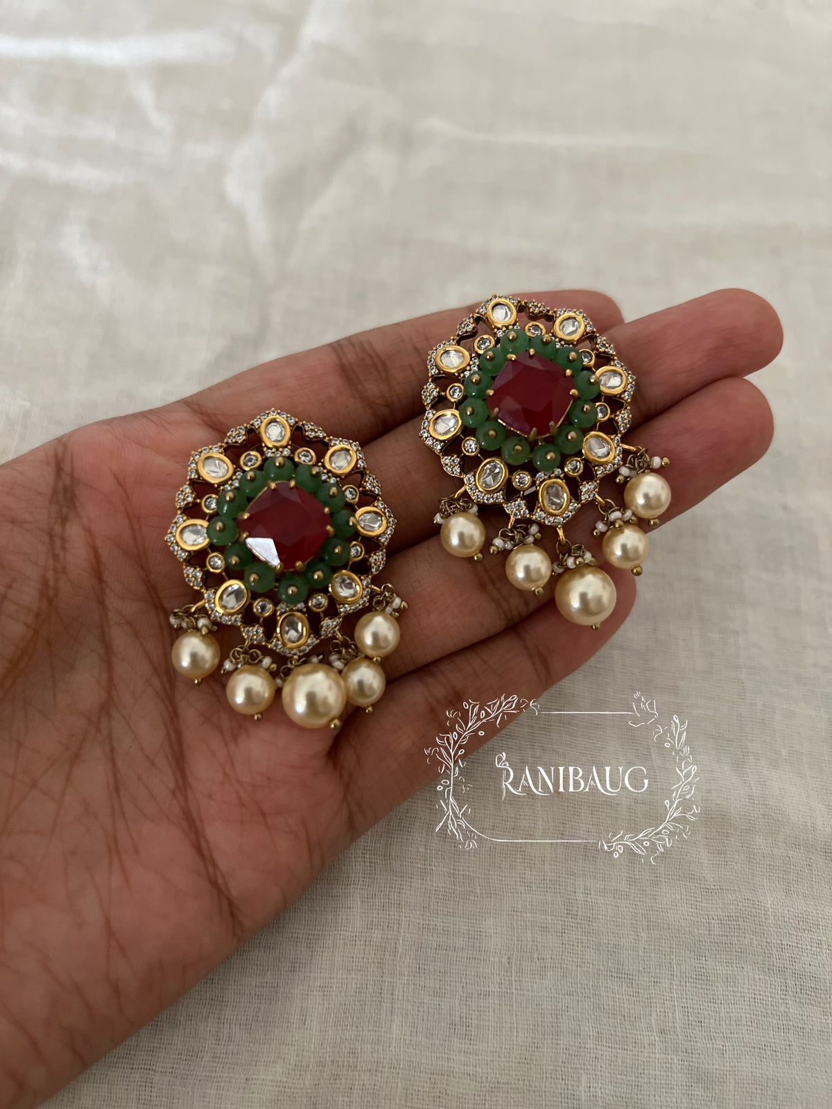 Rajnandini Polki Pearl Traditional Festive Ear Studs By Ranibaug