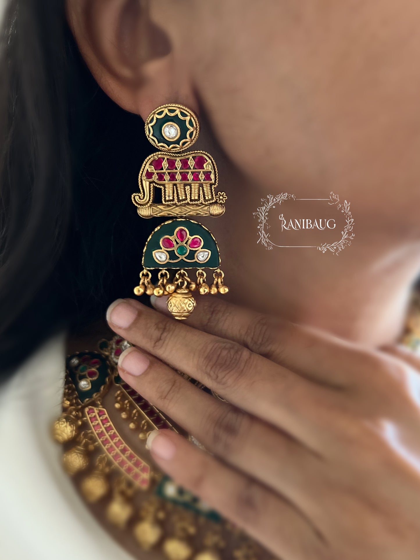 Rajnisha Elephant Motif Layered Designer Heritage Maang Tikka Necklace Set With A Modern Touch By Ranibaug