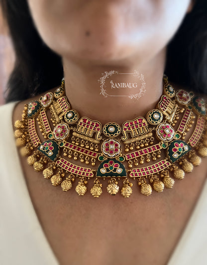 Rajnisha Elephant Motif Layered Designer Heritage Maang Tikka Necklace Set With A Modern Touch By Ranibaug