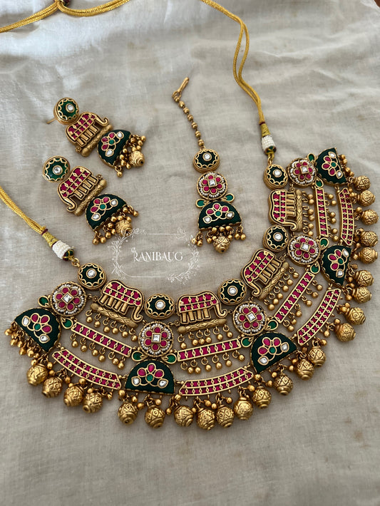 Rajnisha Elephant Motif Layered Designer Heritage Maang Tikka Necklace Set With A Modern Touch By Ranibaug