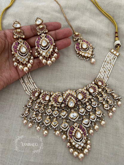 Rajnisha Polki Studded Zirconia And Pearl Adorned Enamel Gold Finish Necklace Jewelry Set With Maang Tikka By Ranibaug