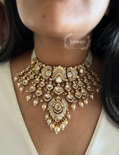 Rajnisha Polki Studded Zirconia And Pearl Adorned Enamel Gold Finish Necklace Jewelry Set With Maang Tikka By Ranibaug