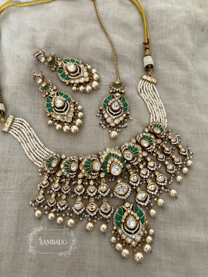 Rajnisha Polki Studded Zirconia And Pearl Adorned Enamel Gold Finish Necklace Jewelry Set With Maang Tikka By Ranibaug