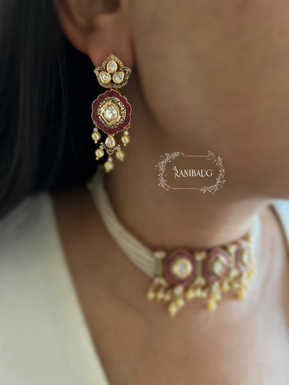 Rajpushpa Vintage Traditional Indian Royal Polki Pearl Adorned Rich Gold Finish Choker Necklace Set By Ranibaug