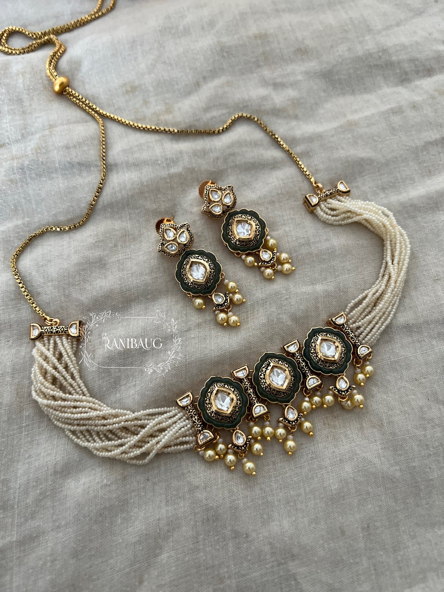 Rajpushpa Vintage Traditional Indian Royal Polki Pearl Adorned Rich Gold Finish Choker Necklace Set By Ranibaug