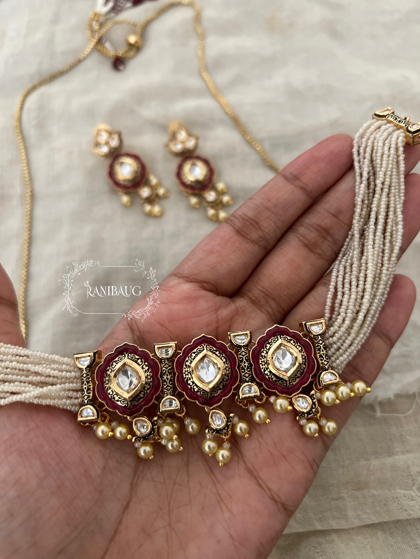 Rajpushpa Vintage Traditional Indian Royal Polki Pearl Adorned Rich Gold Finish Choker Necklace Set By Ranibaug