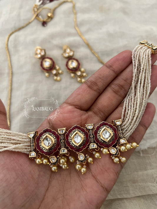 Rajpushpa Vintage Traditional Indian Royal Polki Pearl Adorned Rich Gold Finish Choker Necklace Set By Ranibaug