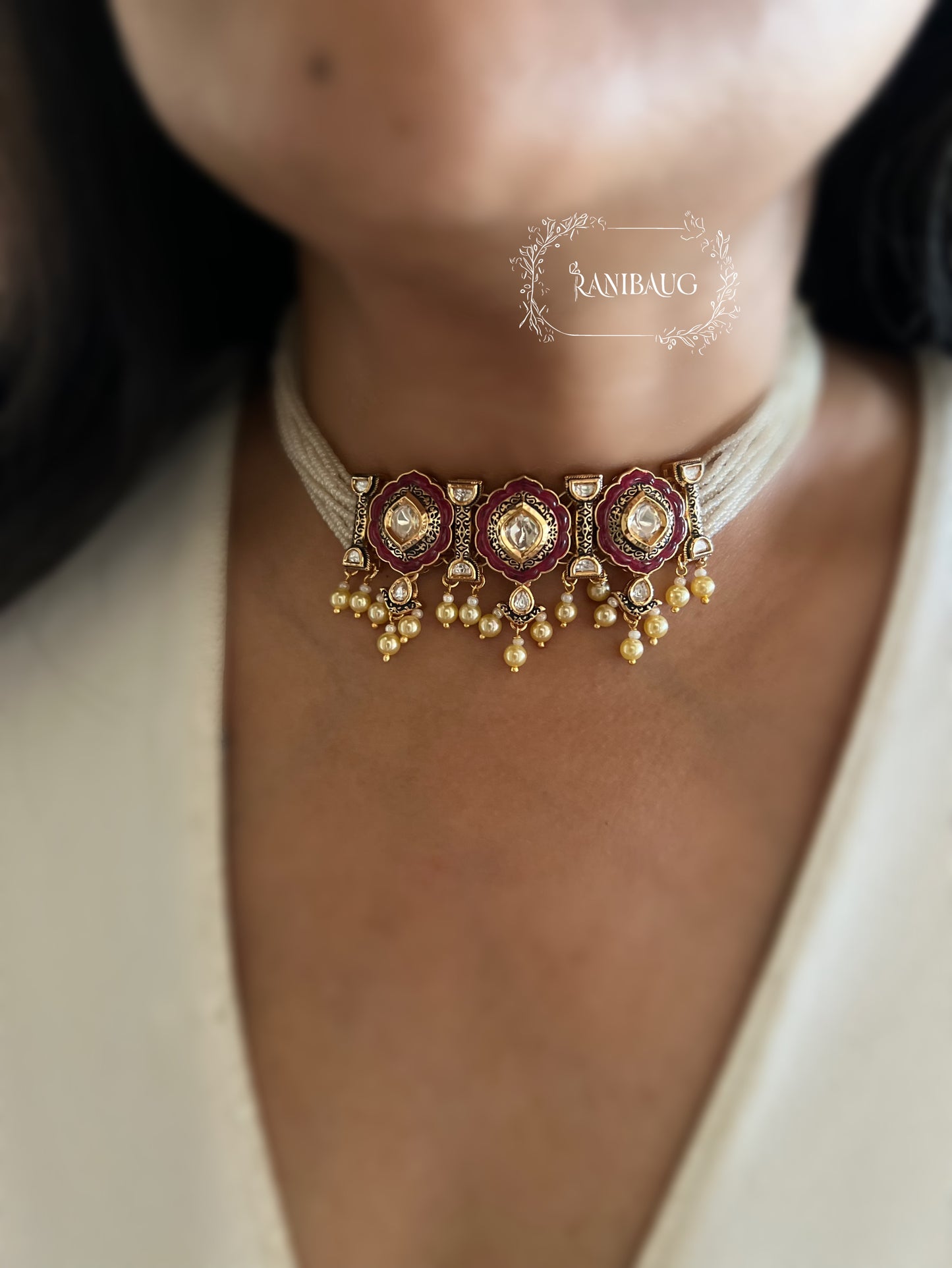 Rajpushpa Vintage Traditional Indian Royal Polki Pearl Adorned Rich Gold Finish Choker Necklace Set By Ranibaug