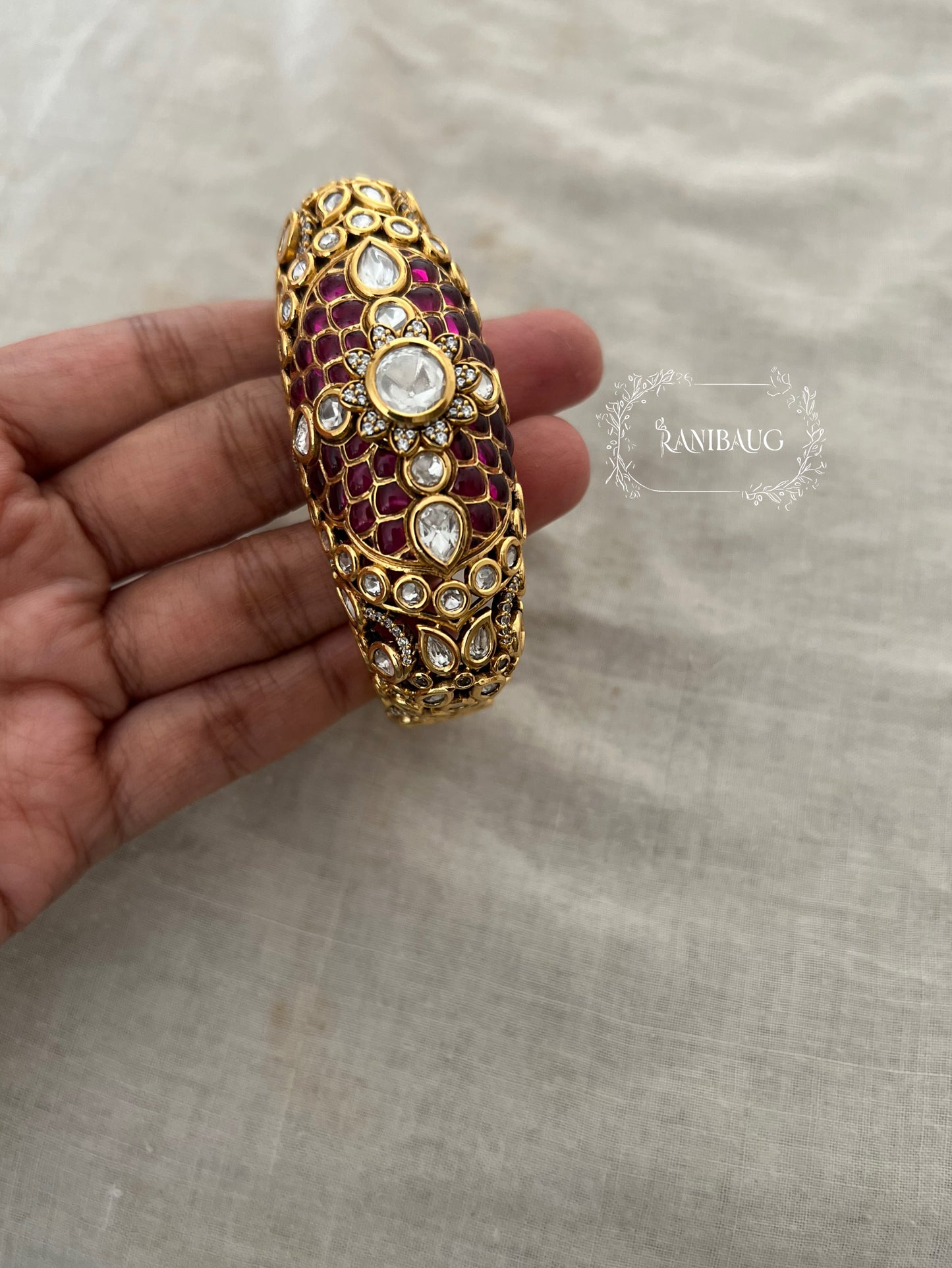 Rajrani Gold Finish Polki Studded Floral Designer Enamel Work Royal Bangle Jewelry By Ranibaug