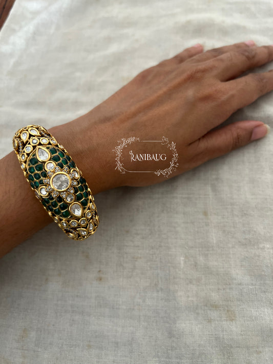 Rajrani Gold Finish Polki Studded Floral Designer Enamel Work Royal Bangle Jewelry By Ranibaug
