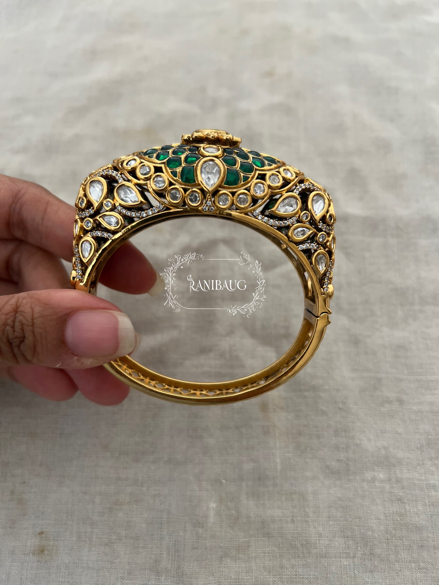 Rajrani Gold Finish Polki Studded Floral Designer Enamel Work Royal Bangle Jewelry By Ranibaug