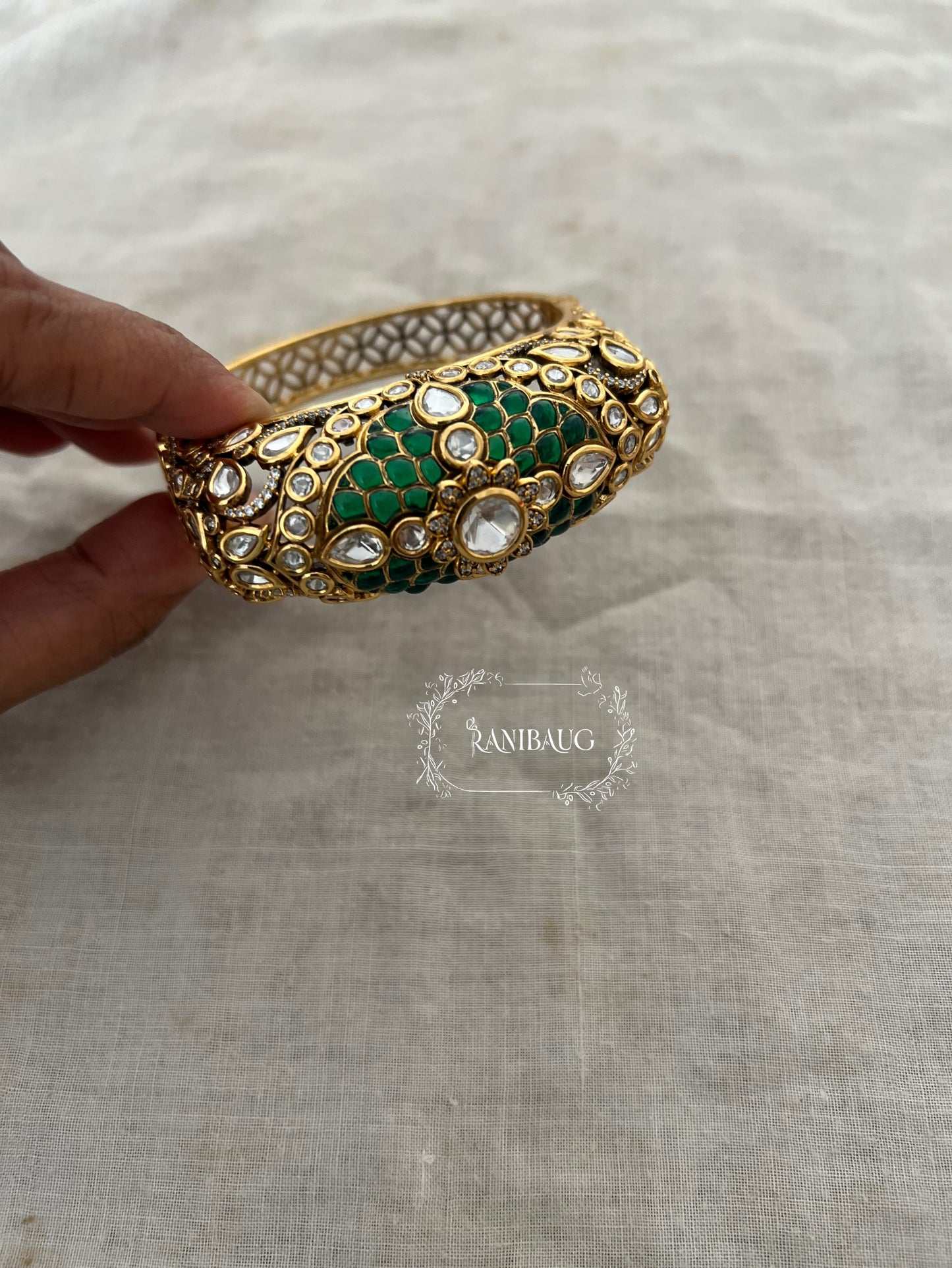 Rajrani Gold Finish Polki Studded Floral Designer Enamel Work Royal Bangle Jewelry By Ranibaug